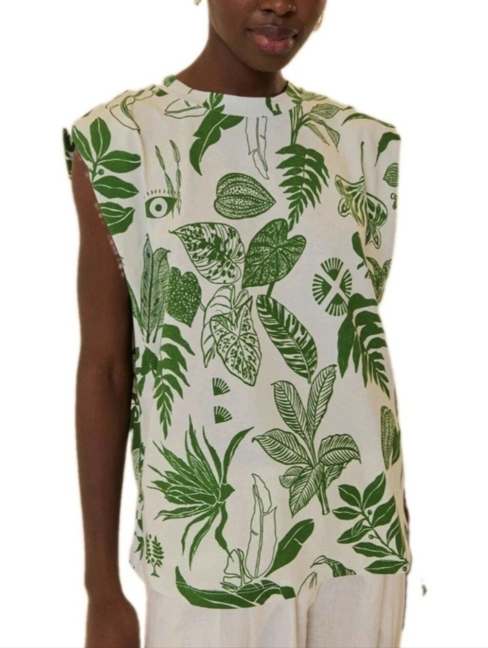 Farm Rio Top Forest Soul Mix T-Shirt Green & White Botanical Print Size L